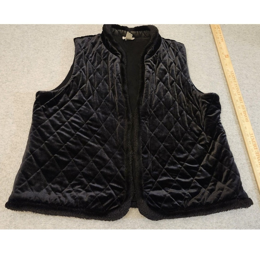 Chicos Travelers Vest Womens 3 Black Quilted Velvet Faux‎ Fur Trim Reversible